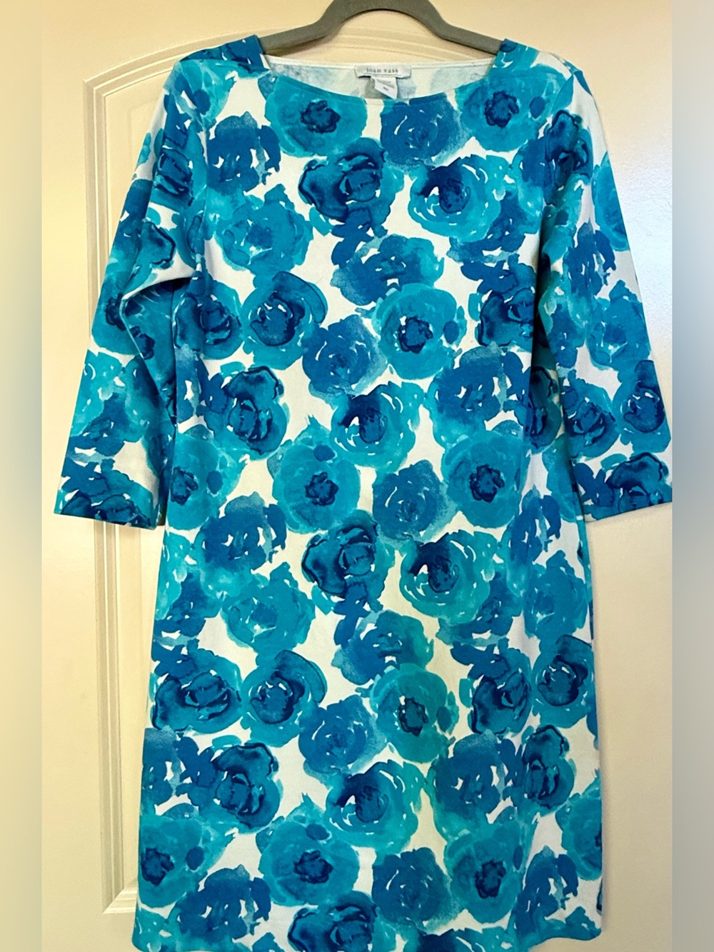 Joan Vass Sz M,Knit Blue Floral Shift Dress Coastal,Party,Travel Ready,Artsy